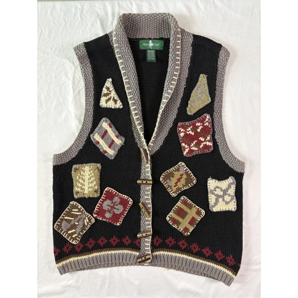Vintage 90s Hunt Club Patchwork Sweater Vest Womens M Toggle Grannycore Boho Y2K